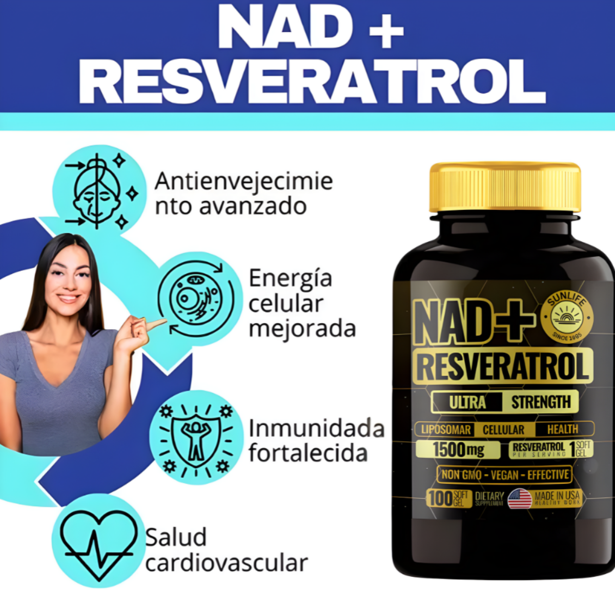 Suplemento NAD+Resveratrol 100 Capsulas