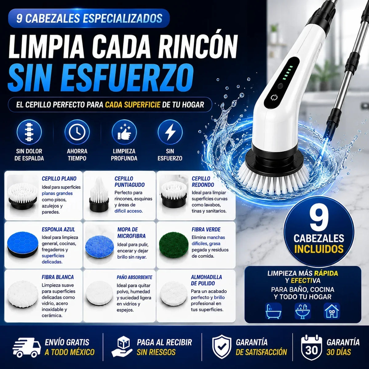 Cepillo Eléctrico Recargable 9 en 1 para Limpieza Profunda