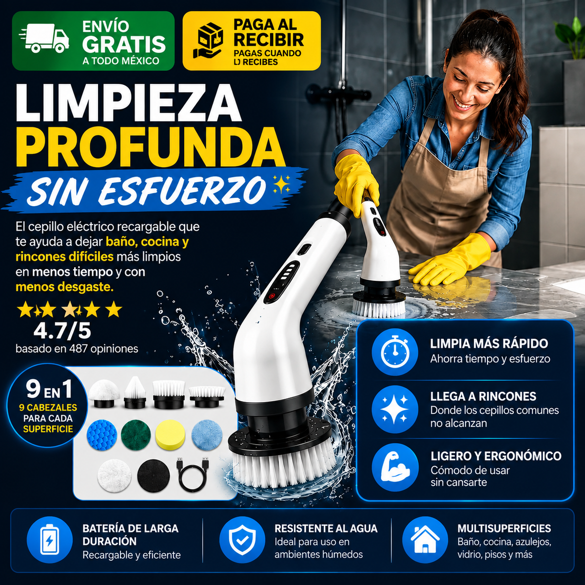 Cepillo Eléctrico Recargable 9 en 1 para Limpieza Profunda