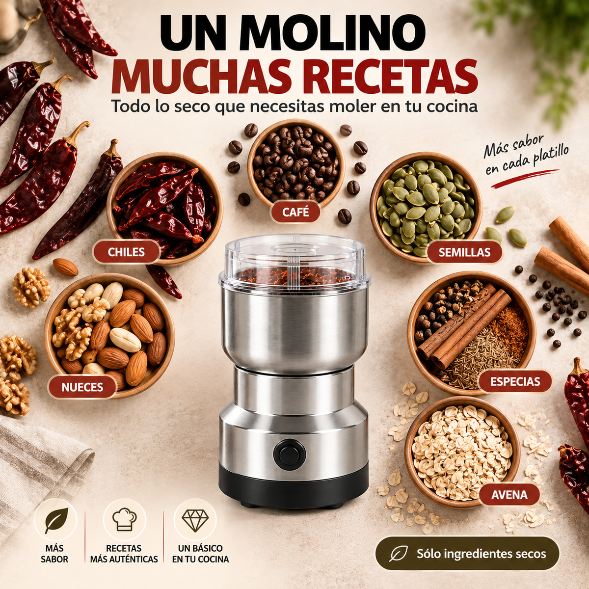 GrindPro™ | Molino Eléctrico de Café, Semillas y Chiles