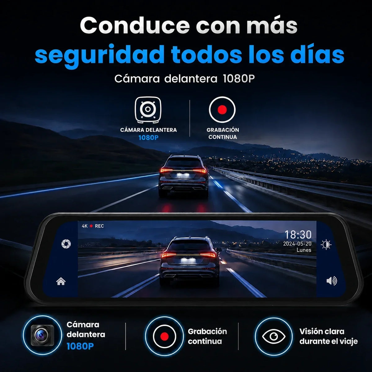 DriveVision 360 | Espejo Retrovisor con Cámara Delantera para Auto