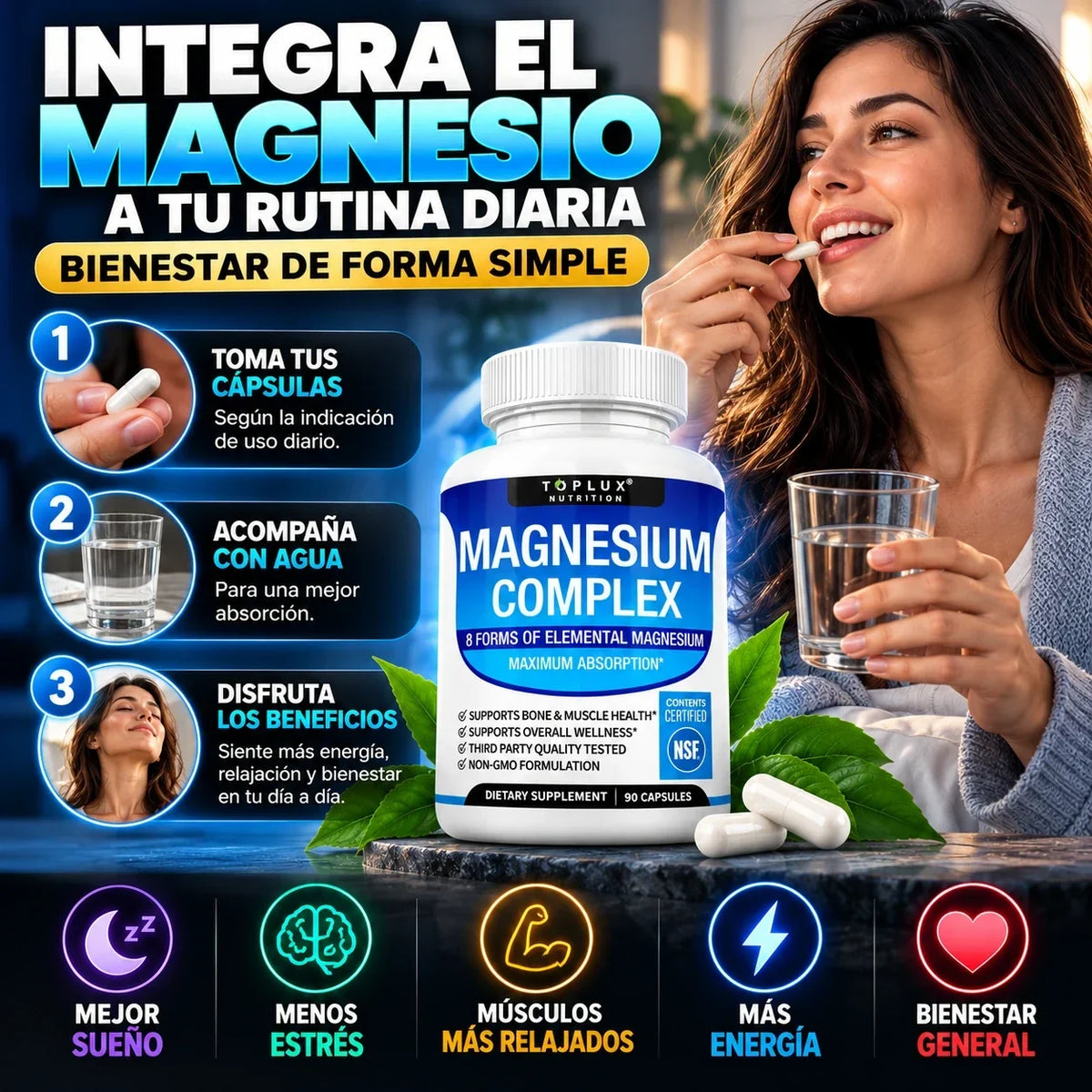 Suplemento Magnesio Complex Toplux 8 en 1 | 90 Cp